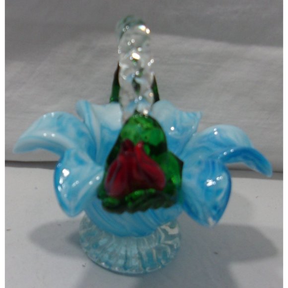 Glass Turquoise Blue Basket w/ Handle and Applied Red Roses 4 3/4" - Picture 3 of 10